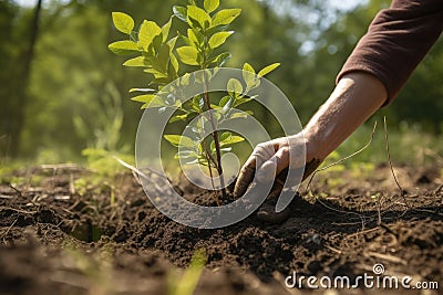 Planting tree in soil. Work in garden. Generative AI Stock Photo