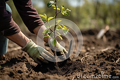 Planting tree in soil. Work in garden. Generative AI Stock Photo