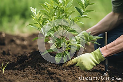 Planting tree in soil. Work in garden. Generative AI Stock Photo