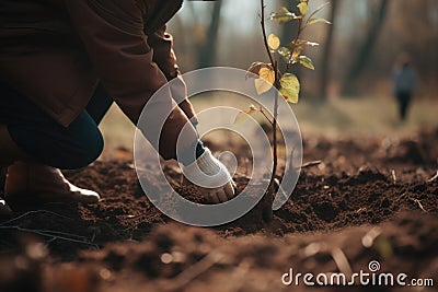 Planting tree in soil. Work in garden. Generative AI Stock Photo