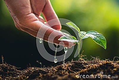 Planting trees growth passion fruit and hand Watering in nature Light and background Stock Photo