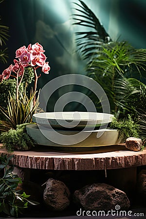 Plants and green product display podium for natural product. Circular shape base on green background Stock Photo