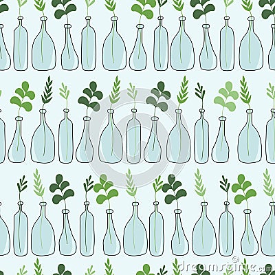 Colorful seamless pattern, branches in bottles. Decorative background with plants Vector Illustration