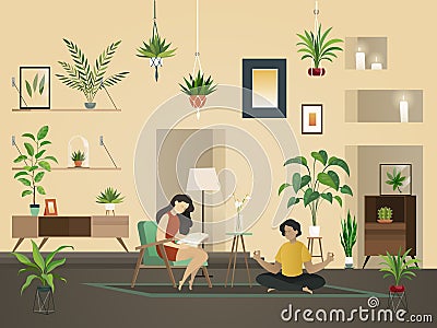 Plants at home indoor. Urban garden with green planting and people in room interior vector illustration. Vector Illustration