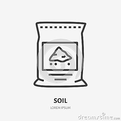 Plants soil in bag flat line icon. Vector thin sign of ground pachage, cement pack. Fertilizer illustration Vector Illustration