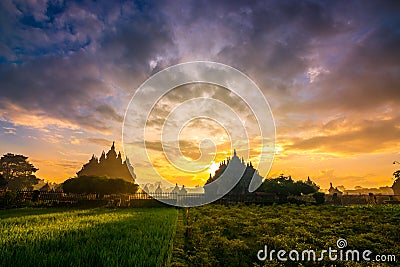 Sunrise in plaosan temple, indonesia Stock Photo