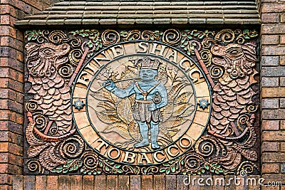 Plaque on Broad Quay House, illustrating Bristol`s history of tobacco and slavery - Fine Shagg Tobacco - in Bristol, UK Editorial Stock Photo