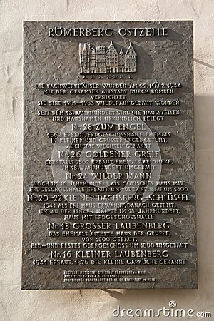 Plaque commemorating the bombing in 1944 that the historic city of Frankfurt am Main wrecked Editorial Stock Photo