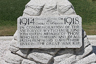 Plaque on 16th Irish Division Memorial Cross at Wijtschate Belgium Editorial Stock Photo