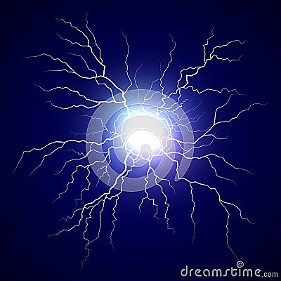 Plasma bolt. Fireball on dark background. Thunder storm flash light. Realistic electricity lightning. Vector illustration Vector Illustration