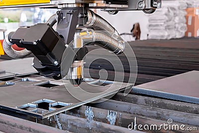 Plasma cutting machine working with sheet metal at metalworking exhibition Stock Photo