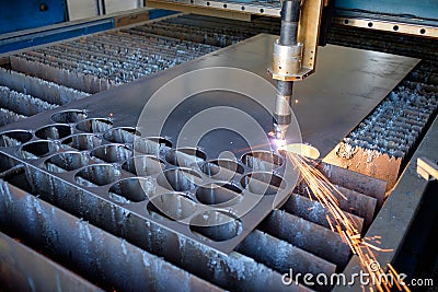 Plasma cutting machine, flame with sparks, metal cut process, metal cutting Stock Photo