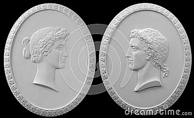 Plaster bas-relief Greek characters a white background Stock Photo