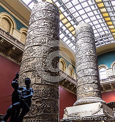 Plaster copy of Trajan's column, divided in 2 sections Editorial Stock Photo