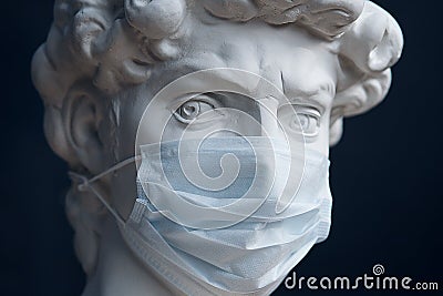 Plaster Sculpture In A Medical Mask. Concept Of Air Pollution, Pneumonia Outbreaks, Coronavirus Epidemics, And The Risk Of Stock Photo