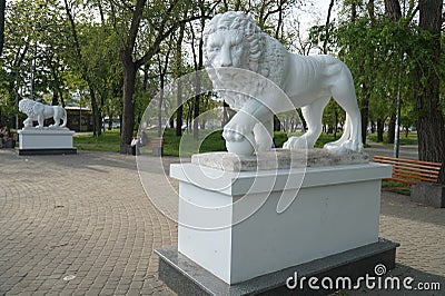 Plaster statue of a lion near the train station of the city of Odessa Editorial Stock Photo