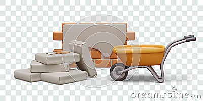 Plastered brick wall, wheelbarrow, pile of cement bags. Vector composition Vector Illustration