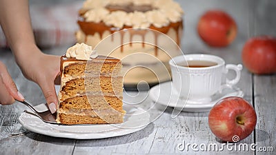 Plasterek karmelu jabłczany tort z pikantność, cynamon, wysuszeni jabłka, śmietankowy karmel w jesień stylu zbiory Plasterek karmelu jabłczany tort z pikantność, cynamon, wysuszeni jabłka, śmietankowy karmel w jesień stylu zbiory
