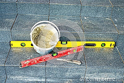 Plasterer equipment for a new stairs Stock Photo