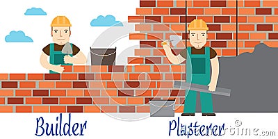 Plasterer and masons at work. Flat icon. Vector Illustration