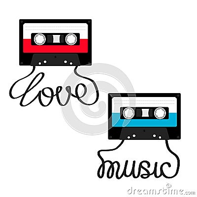 Plastic audio tape cassette with tape word Love Music. Retro icon set. Recording element. 80s 90s years. Red Blue color template. Vector Illustration