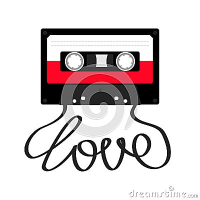 Plastic audio tape cassette with tape word love. Retro music icon. Recording element. 80s 90s years. Red color template. Flat desi Vector Illustration