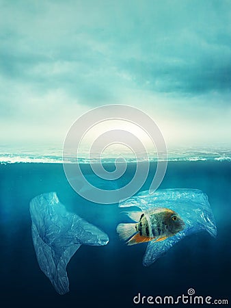Plastic bag with a fish in the ocean Stock Photo
