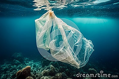 Plastic bag of garbage floats in blue ocean. Concept of environmental protection and protection, garbage collection. Pollution Stock Photo