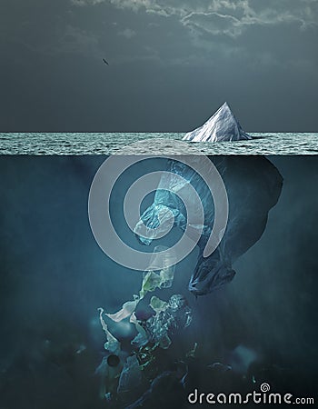 Plastic bag iceberg floating in the ocean and global warming concept Stock Photo