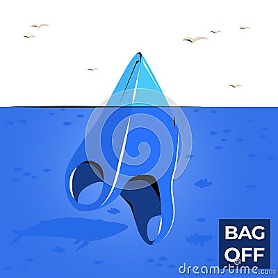 Plastic bag iceberg ocean pollutio vector banner. Vector Illustration