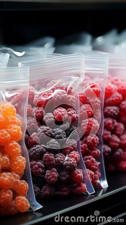 Plastic bags of frozen berries displayed tidily on a supermarkets cold shelf Stock Photo