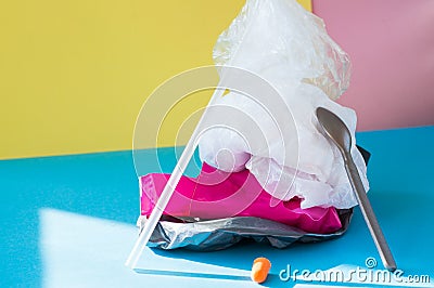 Plastic bags and things. Earth pollution, plastic free concepts. Stock Photo