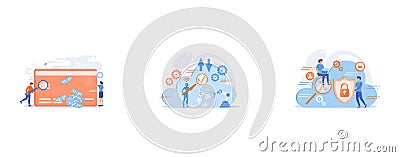 Plastic bank card, microchip and man with magnifier, Robot studying cloud technology through magnifier, Man holding security Vector Illustration