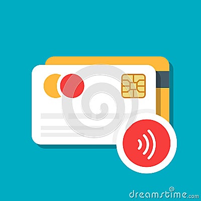 Plastic bank or credit card with a wireless payment icon. E-commerce. Vector illustration isolated on color background. Vector Illustration