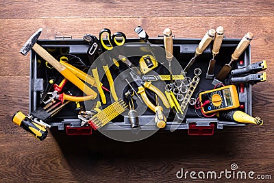 Plastic Black Container With Many Tools Stock Photo