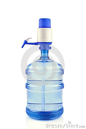 Plastic blue bottle with pump and drinking water isolated on white background Stock Photo