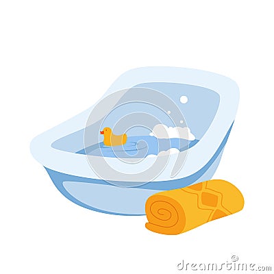 Plastic blue tub for bathing newborn, cute floating rubber duck toy in bath with water Vector Illustration