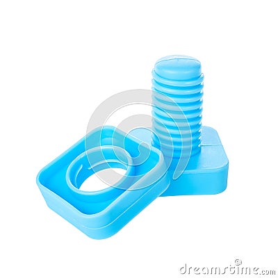 Plastic bolt and nut with blue thread, toy, for children, motor development, isolated on a white Stock Photo