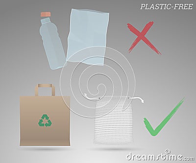 Plastic bottle and bag versus paper bag and fruit bag illustration, plastic free promotion Cartoon Illustration