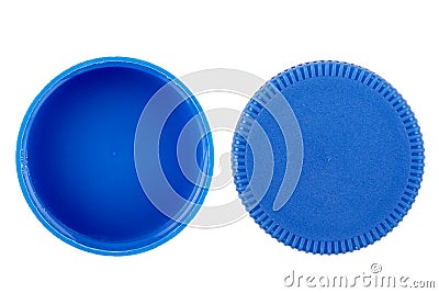 Plastic bottle caps isolated against a white background. of blue Stock Photo