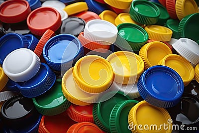 Plastic Bottle Caps Pile. Recycling HDPE Material Group, Circle Polyethylene Lid Set, Colorful Caps Group Stock Photo