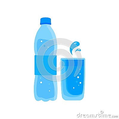 Plastic bottle and glass of water. Vector Illustration