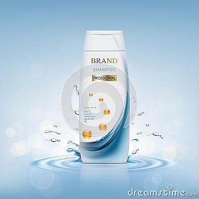 Plastic bottle with hair shampoo. Product with label design. Sto Vector Illustration