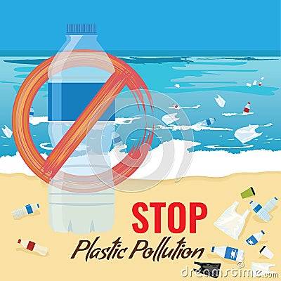 Plastic bottle mockup with no sign. Pollution of ocean, sea or beach concept. Vector Illustration. Vector Illustration