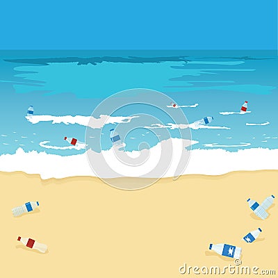 Plastic bottle pollution of ocean, sea or beach. Bottles, plastic bags and debris on the seabed and seashore. Vector Vector Illustration