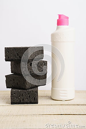 Plastic bottle and washcloths on a white background Stock Photo