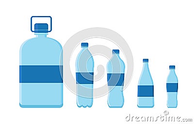 Plastic bottle for water. Plastic container with cap. Gallon of mineral water. Big and small bottle for liquid, aqua, drink. Empty Vector Illustration