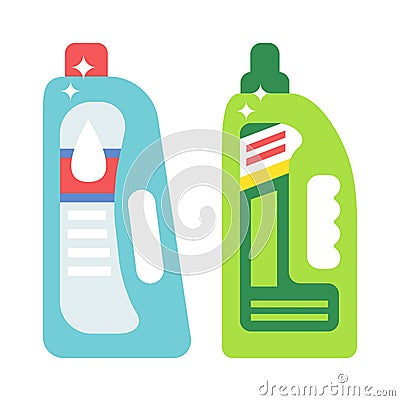 Plastic bottles of cleaning products household chemistry flat vector illustration isolated on white background. Cartoon Illustration