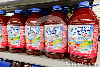 Plastic bottles of Hawaiian punch fruit juicy red beverage for sale Editorial Stock Photo