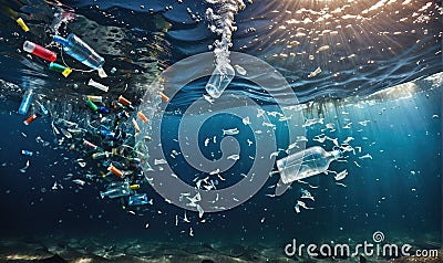 Plastic bottles and plastic parts float underwater in the ocean and pollute the sea, beaches and the wildlife Stock Photo